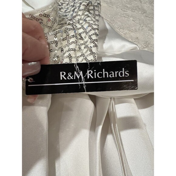 NWT R&M Richards White Short Sleeve Sequin Satin Bow Hi Low Formal Dress Gown 10 - Picture 8 of 10